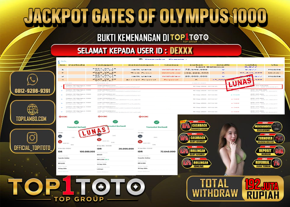 TOP1TOTO JACKPOT SLOT GATES OF OLYMPUS 1000 Rp.192.000.000 - LUNAS	