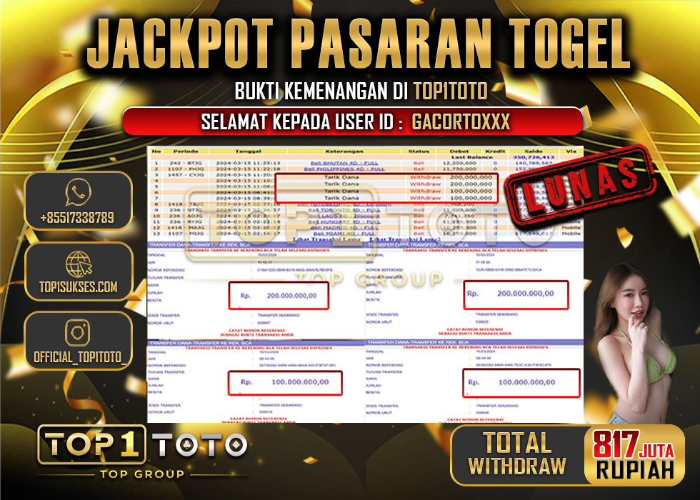 TOP1TOTO JACKPOT PASARAN TOGEL  Rp.817.000.000 - LUNAS