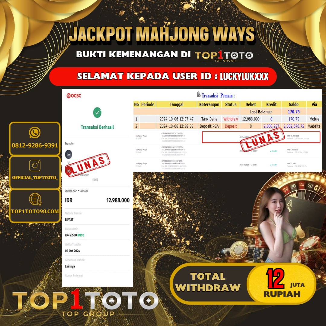 TOP1TOTO JACKP0T SLOT MAHJONG WAYS Rp.12.000.000,- LUNAS USER ID : LUCKYLUK***