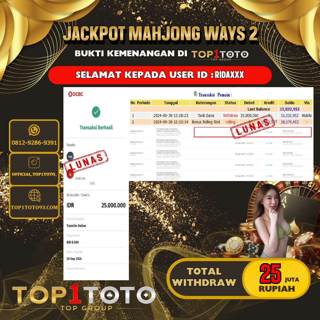 TOP1TOTO JACKP0T SLOT MAHJONG WAYS 2 Rp.25.000.000,- LUNAS USER ID : RIDA***