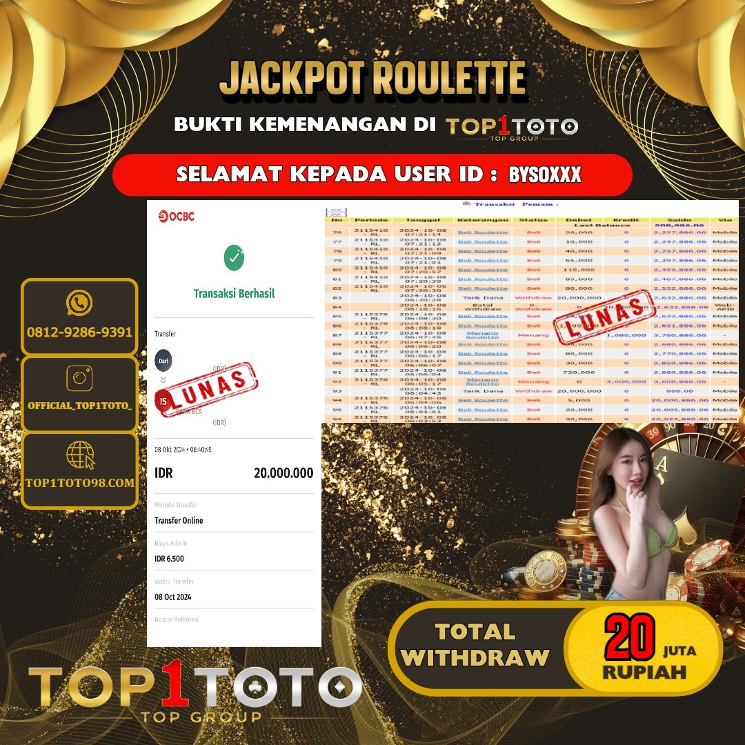 TOP1TOTO JACKPOT LIVE GAME ROULETTE RP.20.000.000 - LUNAS USER ID : BYSO***