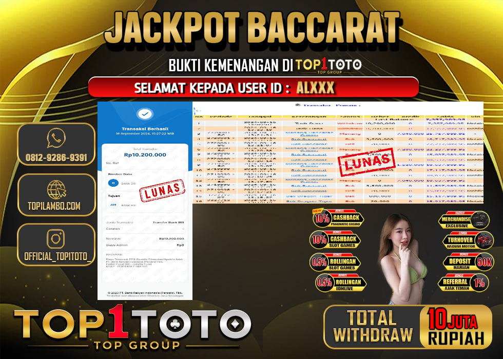 TOP1TOTO JACKPOT CASINO BACCARAT RP 10.000.000 - LUNAS	