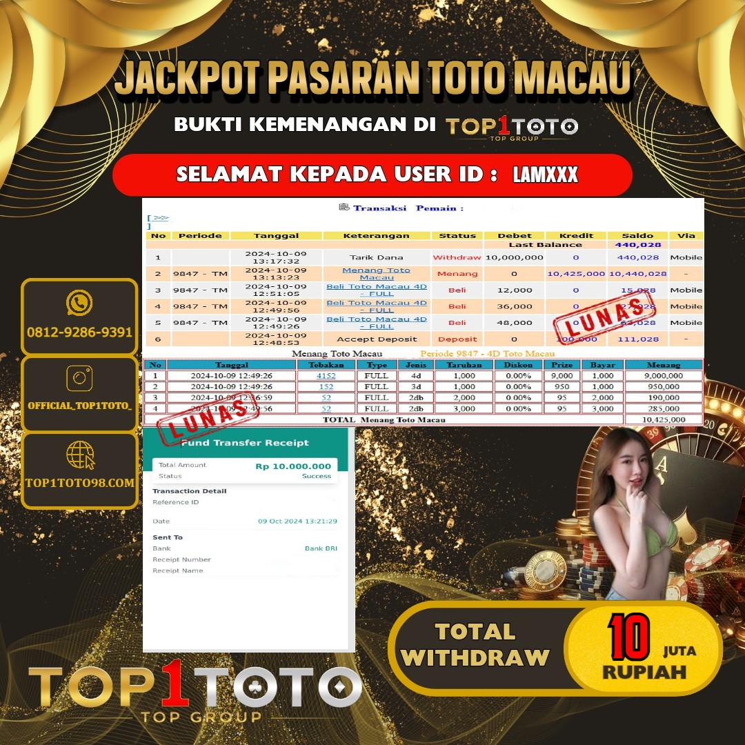 TOP1TOTO JACKPOT TOGEL TOTO MACAU Rp.10.000.000,- LUNAS USER ID : LAM***