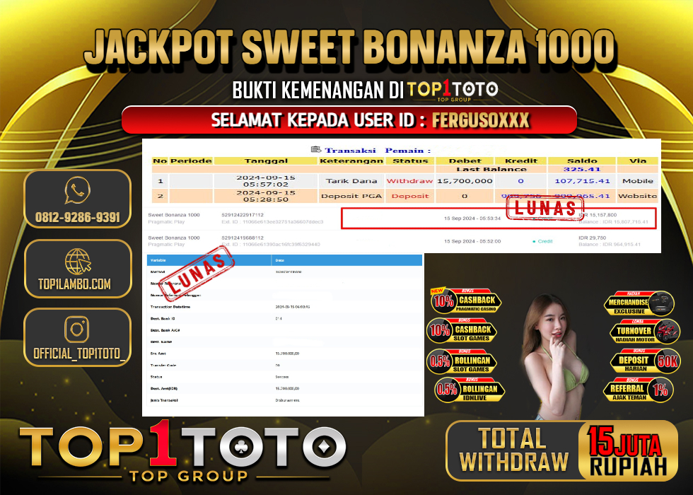 TOP1TOTO JACKPOT SLOT SWEET BONANZA 1000 Rp 15.000.000,- LUNAS	