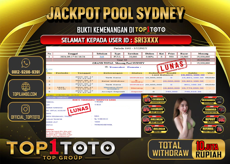 TOP1TOTO JACKPOT T0GEL POOL SYDNEY RP 10,000.000 - LUNAS	