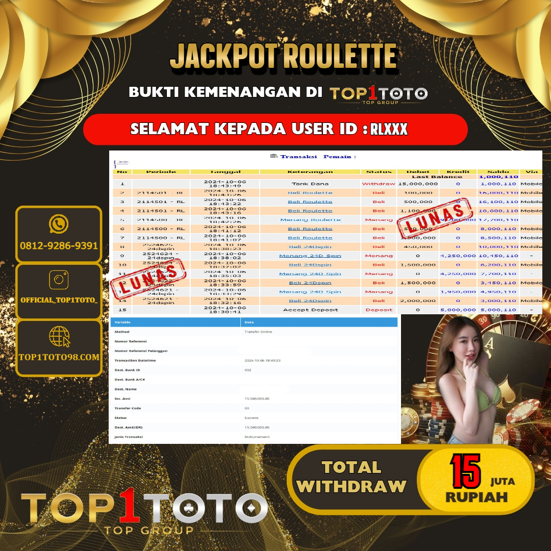 TOP1TOTO JACKPOT LIVE GAME ROULETTE RP.15.000.000 - LUNAS USER ID : RL***